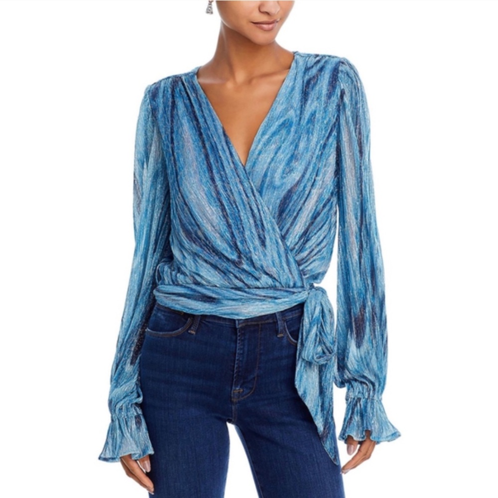 Ramy Brook Metallic Blue Wrap Blouse w/ Tie Waist